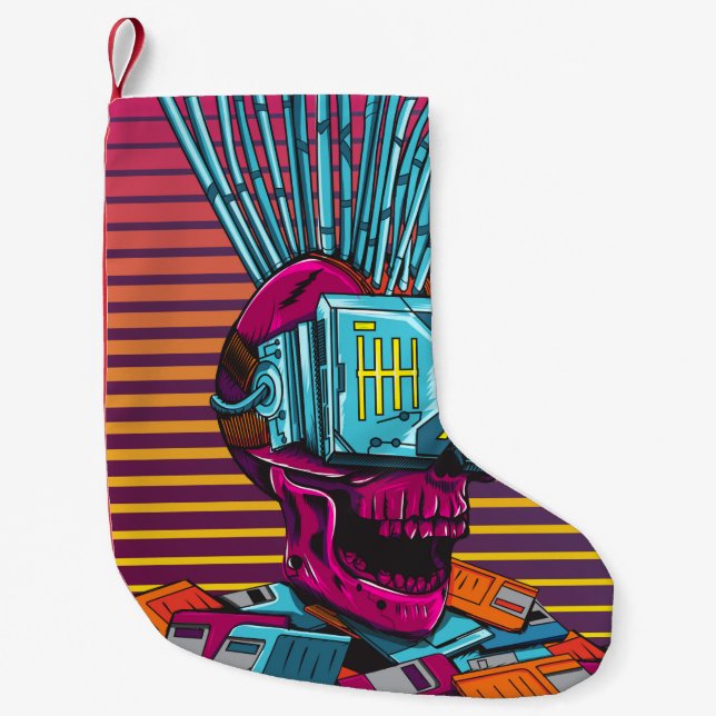 Petite Chaussette De Noël Cyber Skull Virtual Reality Cyberpunk disquette  (Devant)