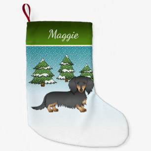 Petite Chaussette De Noël Dachshund à poil long noir et feu - Forêt d'hiver