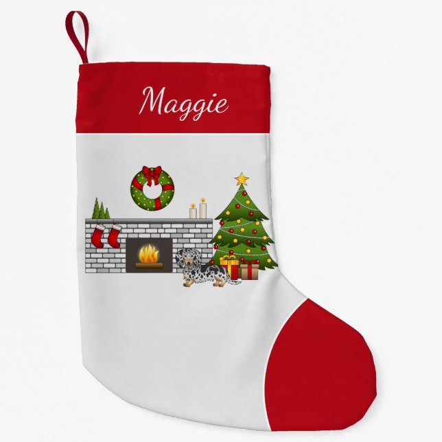 Petite Chaussette De Noël Dachshund à poil long noir et tan panaché pour Noë (Devant)