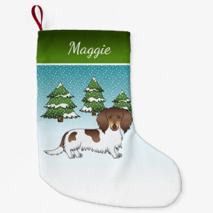 Petite Chaussette De Noël Dachshund à poils longs chocolat et tan pied en hi