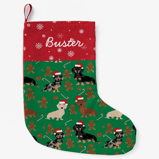 Petite Chaussette De Noël Dachshund nom de chien personnalisé pain d'épices (Devant)