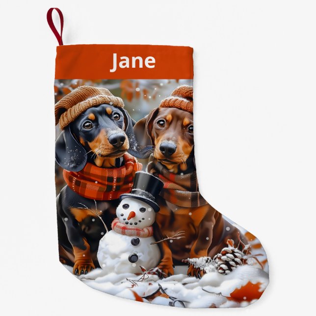 Petite Chaussette De Noël Dachshunds and Snowman Christmas Stocking (Devant)