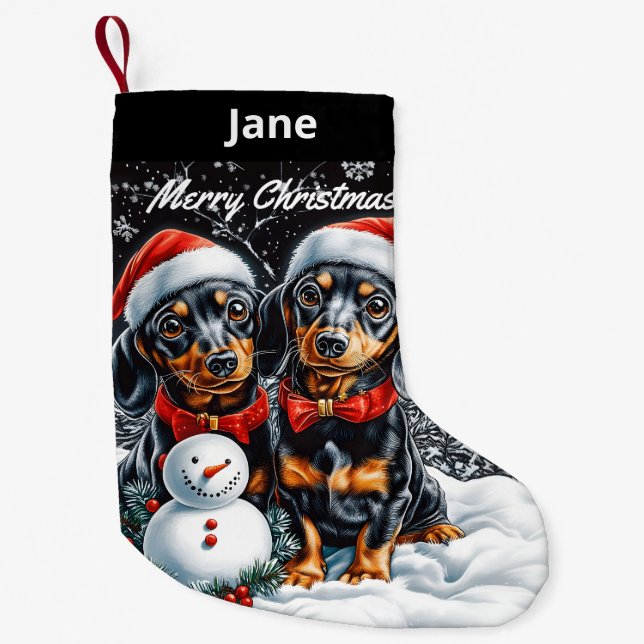 Petite Chaussette De Noël Dachshunds et Snowman Christmas Stocking (Devant)