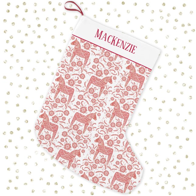 Petite Chaussette De Noël Dala Suédoise Cheval Folse Art Motif Personnalisé  (Festive Swedish Dala Horse red and white Scandinavian folk art personalized name Christmas stocking)