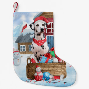 Petite Chaussette De Noël Dalmatien dans une maison de Noël enneigée