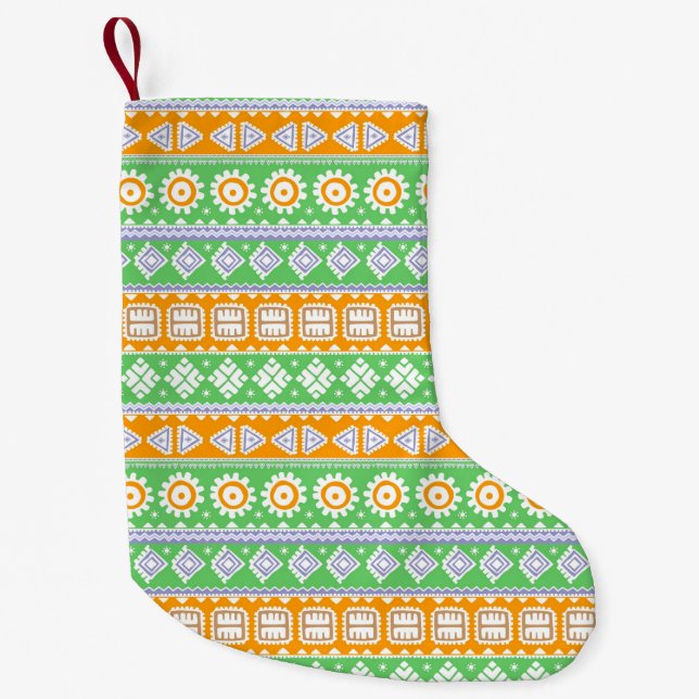 Petite Chaussette De Noël Décor ethnique motif vert orange (Devant)