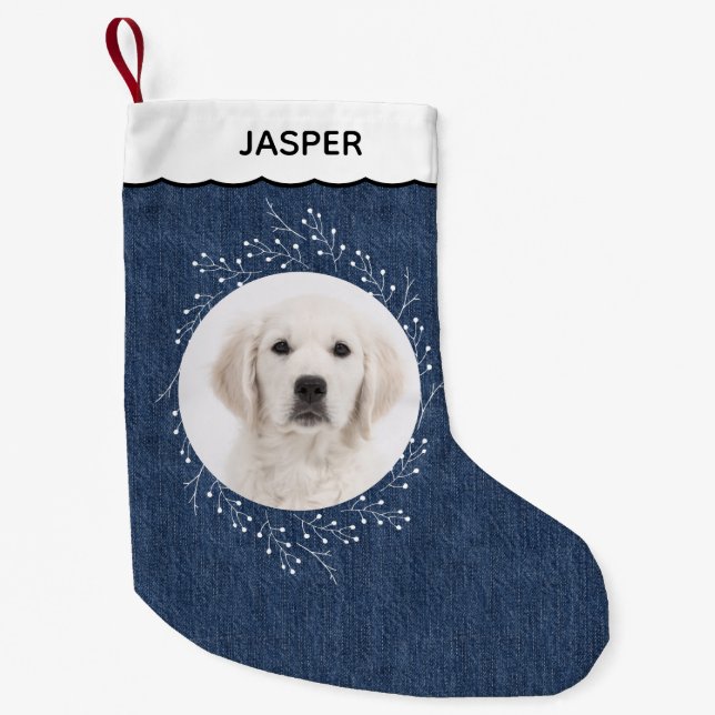 Petite Chaussette De Noël Denim Look Winter Wreath Pet Dog Photo (Devant)