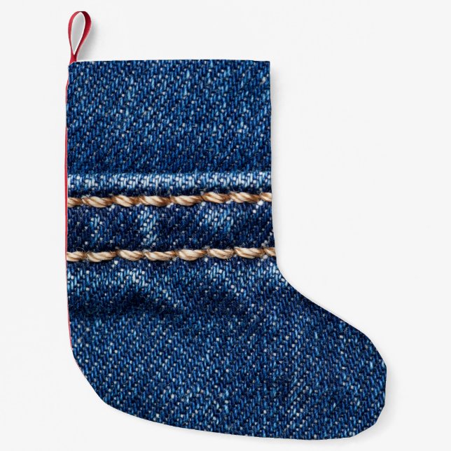 Petite Chaussette De Noël Dénim piqué : texture du jean closeup. (Devant)