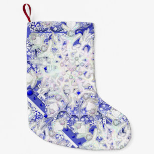 Petite Chaussette De Noël Dentelle en céramique bleu de grèce & flocon de ne
