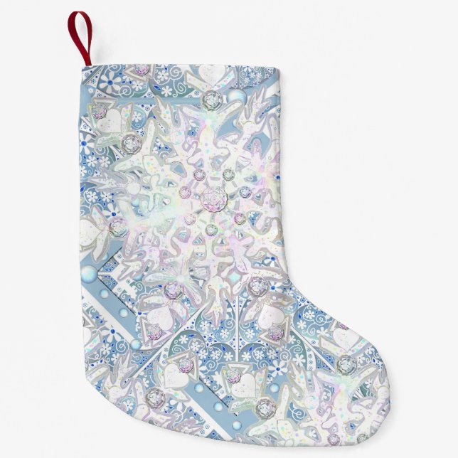 Petite Chaussette De Noël Dentelle en céramique bleu & flocon de neige (Devant)