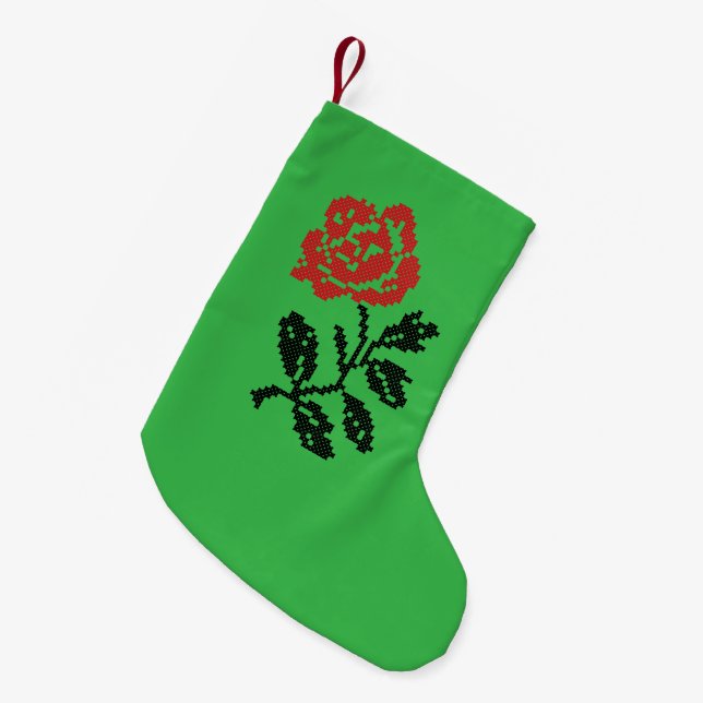 Petite Chaussette De Noël Design original de fleur à point croisé | Rose rou (Devant (Accrochage))