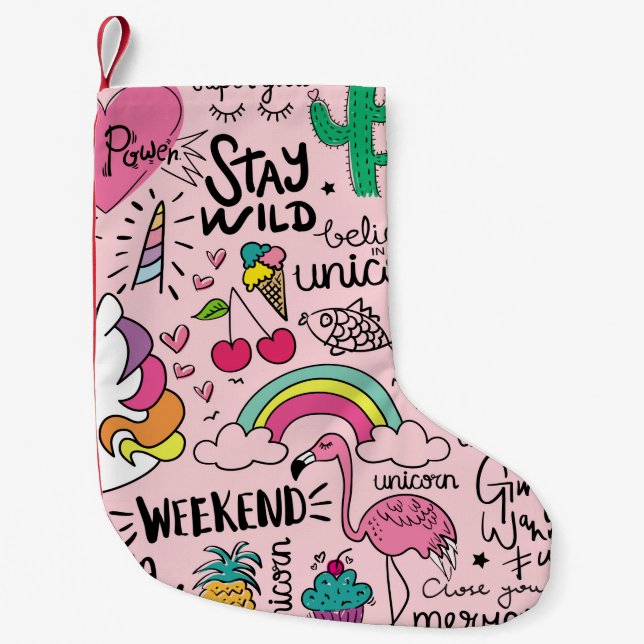 Petite Chaussette De Noël Dessins mignons sur motif extensible rose (Devant)