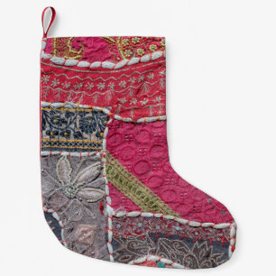 Petite Chaussette De Noël Détail du vieux tapis coloré en patchwork, Inde. D