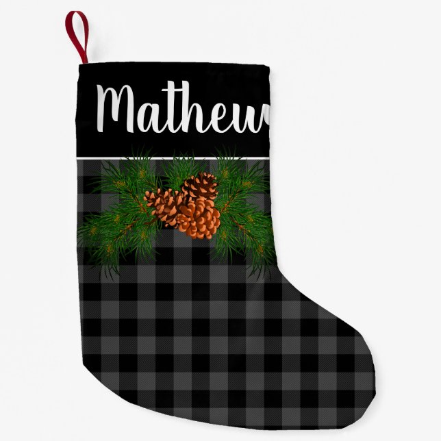 Petite Chaussette De Noël Détails du cône de pin plaid rustique gris (Devant)