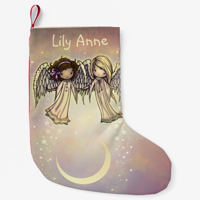 Petite Chaussette De Noël Deux petits anges dans un art nocturne scintillant (Devant)