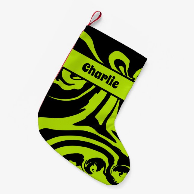 Petite Chaussette De Noël Déversement en Lime Vert et Noir (Devant (Accrochage))