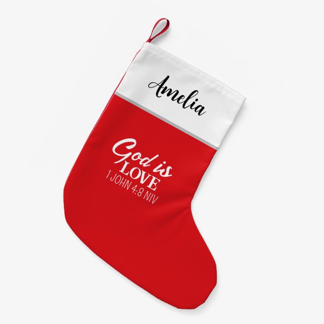 Petite Chaussette De Noël Dieu est Amour Bible Verse Chrétien Rouge et Blanc (Devant (Accrochage))