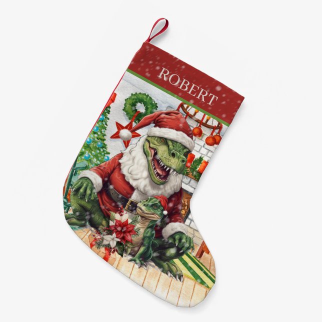 Petite Chaussette De Noël Dinosaure de Noël ajouter nom (Devant (Accrochage))