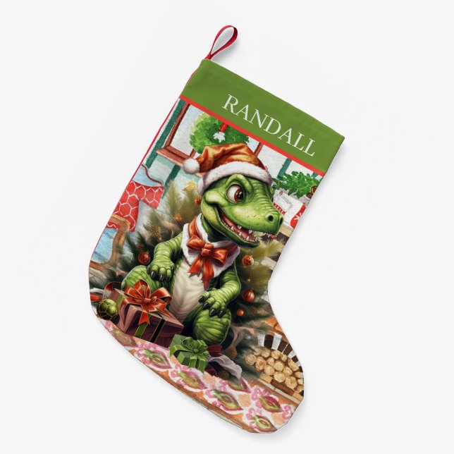 Petite Chaussette De Noël Dinosaure de Noël ajouter nom (Devant (Accrochage))