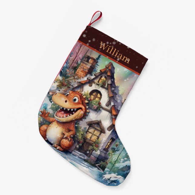 Petite Chaussette De Noël Dinosaure de Noël ajouter nom (Devant (Accrochage))