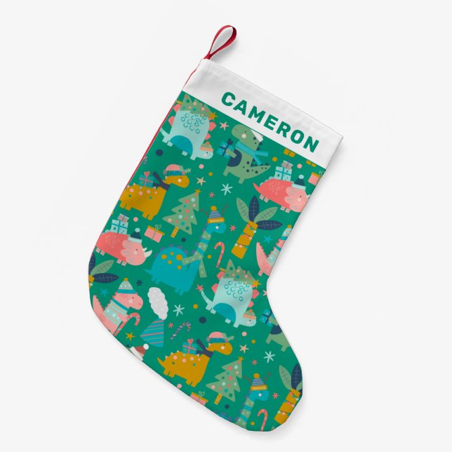 Petite Chaussette De Noël Dinosaure de Noël Motif Vert Personnalisé (Devant (Accrochage))