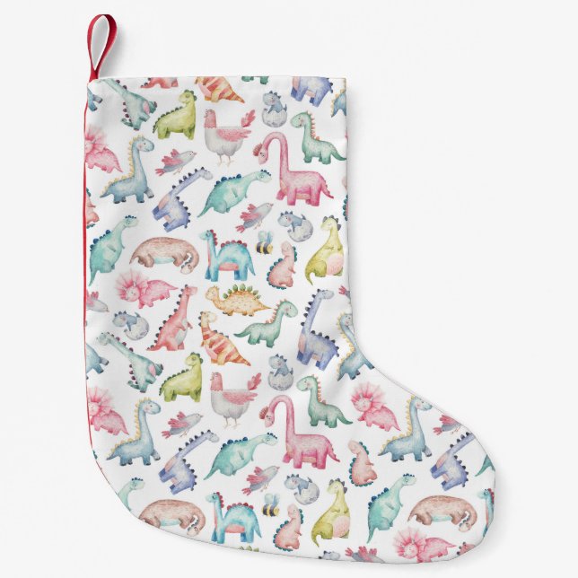 Petite Chaussette De Noël Dinosaures mignons, motif d'aquarelle pour enfants (Devant)