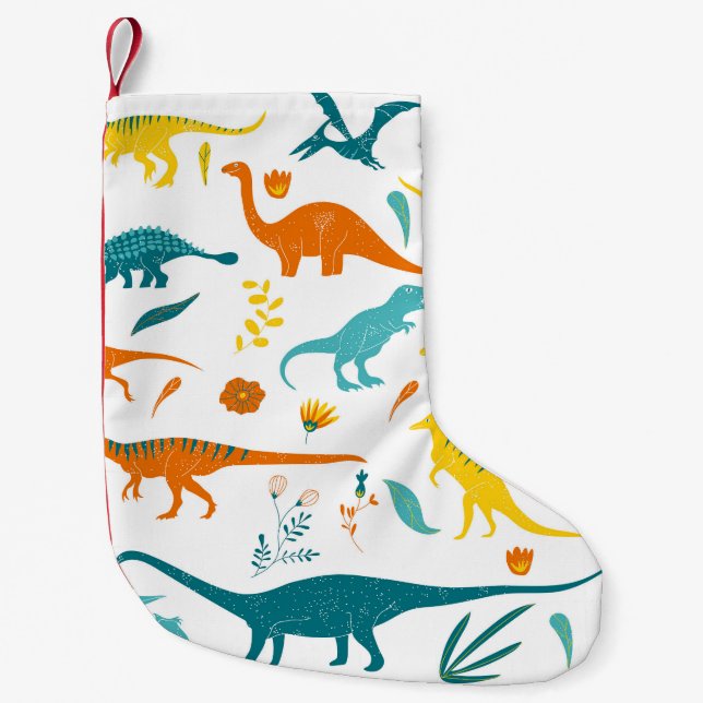 Petite Chaussette De Noël Dinosaures stylisés, éléments floraux, mignons. (Devant)