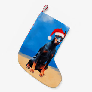 Petite Chaussette De Noël Doberman Chien Assis Sur La Plage Casquette De Noë