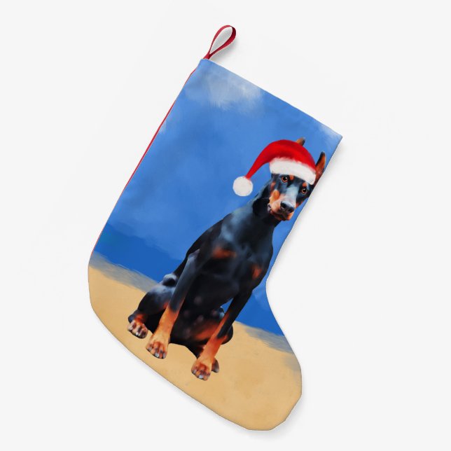 Petite Chaussette De Noël Doberman Chien Assis Sur La Plage Casquette De Noë (Devant (Accrochage))