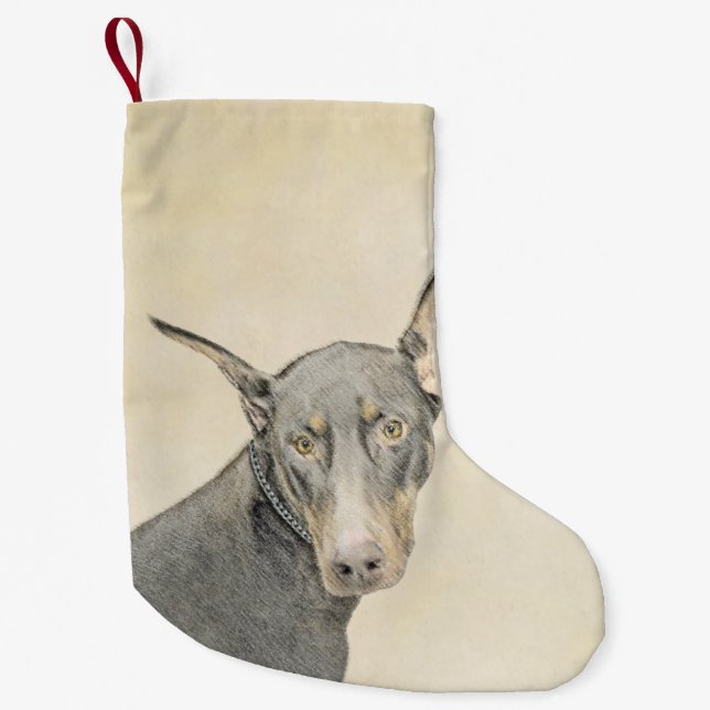 Petite Chaussette De Noël Doberman Pinscher Peinture - Art Chien original (Devant)
