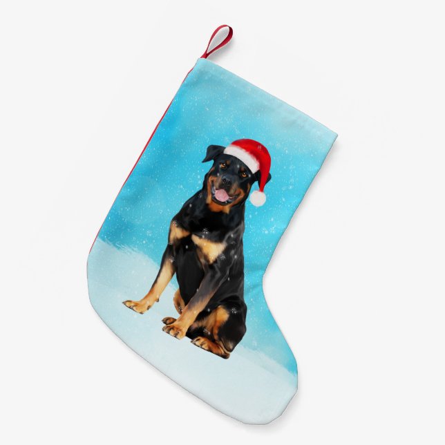 Petite Chaussette De Noël Doigt Rottweiler en neige avec le chapeau du Père  (Devant (Accrochage))