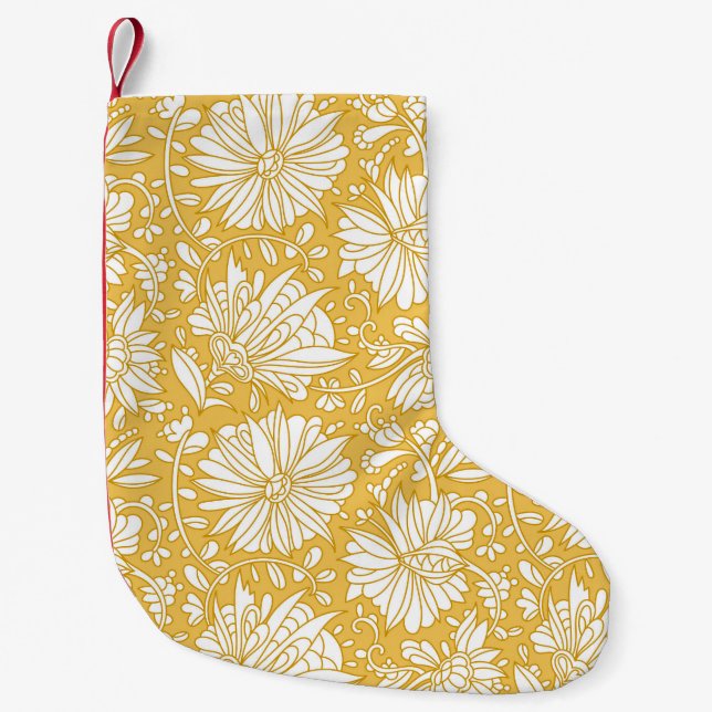 Petite Chaussette De Noël Doodle à fleurs dorées, abstrait dessiné à la main (Devant)