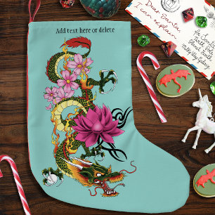 Petite Chaussette De Noël Dragon Chinois Vert Gras Tatouage Lotus Sarcelle