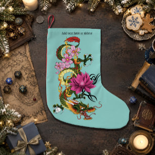 Petite Chaussette De Noël Dragon Chinois Vert Gras Tatouage Lotus Sarcelle