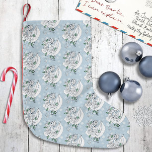 Petite Chaussette De Noël Dragon de glace élégant blanc Roses bleues Fantais