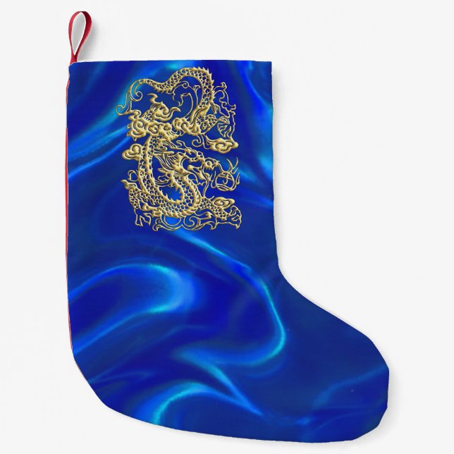Petite Chaussette De Noël Dragon de relief d'or sur le satin bleu (Devant)