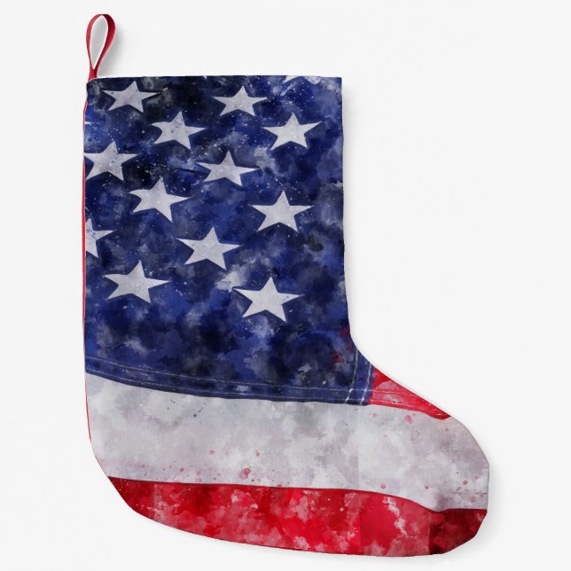 Petite Chaussette De Noël Drapeau américain Abstrait, Aquarelle Style. (Devant)