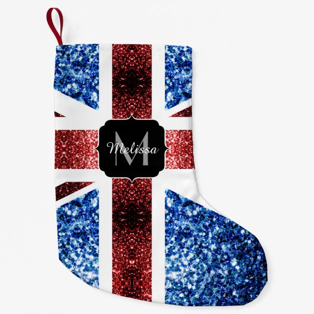 Petite Chaussette De Noël Drapeau rouge et bleu parties scintillant Monogram (Devant)