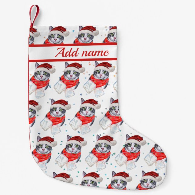 Petite Chaussette De Noël Drôle Gris et Blanc Tabby Chat Noël (Devant)