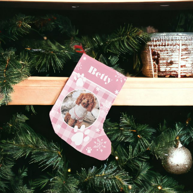 Petite Chaussette De Noël Drôle mignon chien rose flanelle chien photo de ch (Funny cute pink flannel dog pet photo Christmas Small Christmas Stocking)