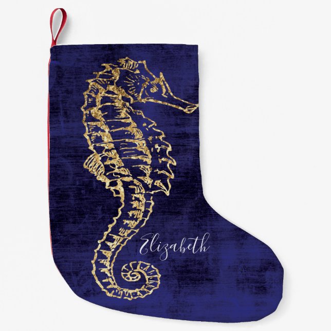 Petite Chaussette De Noël Elégant Blue Gold Beach Sea Horse (Devant)