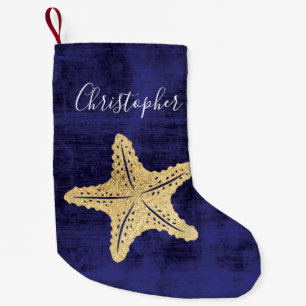 Petite Chaussette De Noël Elégant Blue Gold Beach Sea Star Monogramme