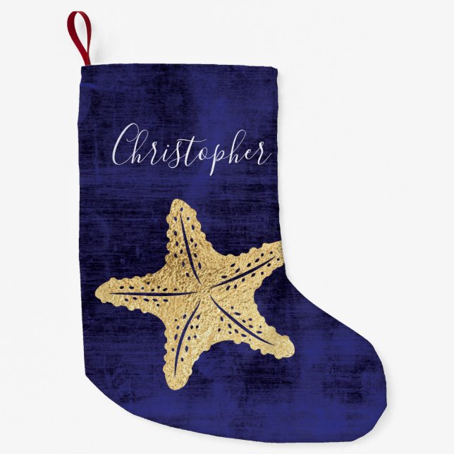 Petite Chaussette De Noël Elégant Blue Gold Beach Sea Star Monogramme (Devant)
