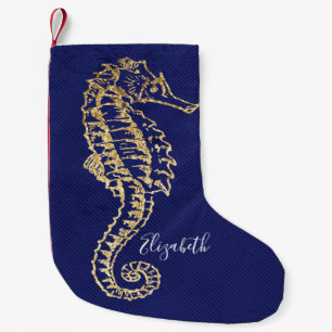 Petite Chaussette De Noël Elégant Blue Gold Coastal Beach Horse de mer
