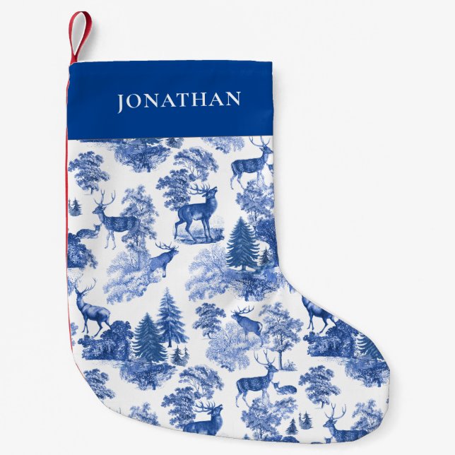 Petite Chaussette De Noël Elégant Cerf de Toile Bleu Français dans le bois (Devant)