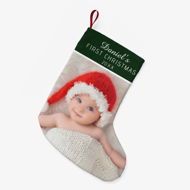 Petite Chaussette De Noël Elegant Green Baby Photo Custom Name (Devant (Accrochage))