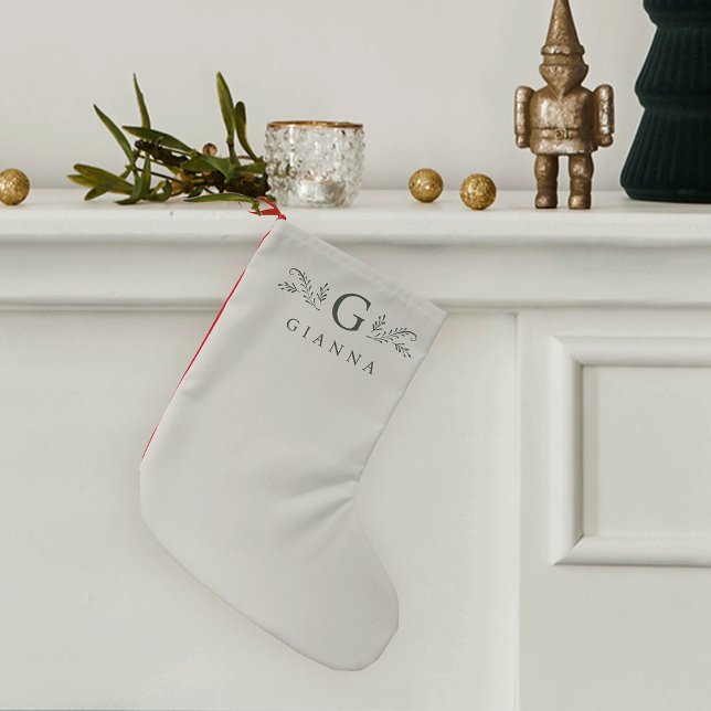 Petite Chaussette De Noël Élégant Monogramme botanique vert et nom (Créateur téléchargé)