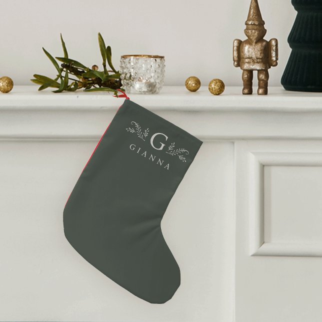 Petite Chaussette De Noël Élégant Monogramme botanique vert et nom (Créateur téléchargé)