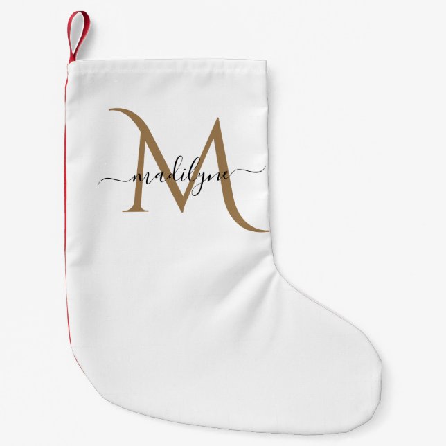Petite Chaussette De Noël Élégant Monogramme noir et or Nom du script (Devant)