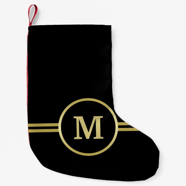 Petite Chaussette De Noël Élégant or Monogramme personnalisé sur noir (Devant)